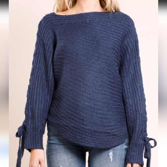 Onetheland Lace Up Arm Dolman Sleeve 100% Acryliv Beige Knit Sweater Size M - Picture 12 of 14